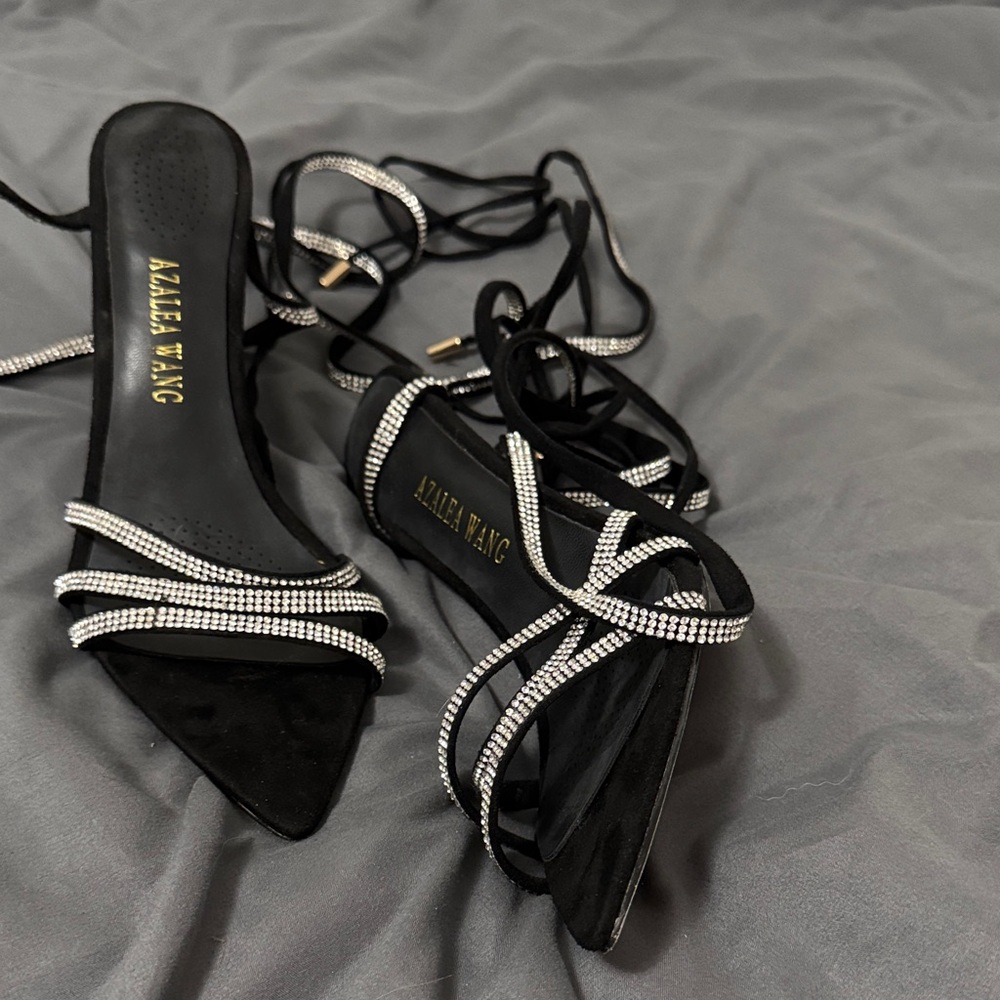 Azalea Wang Black Strappy Heels with Rhinestone Accents - Picture 8 of 9